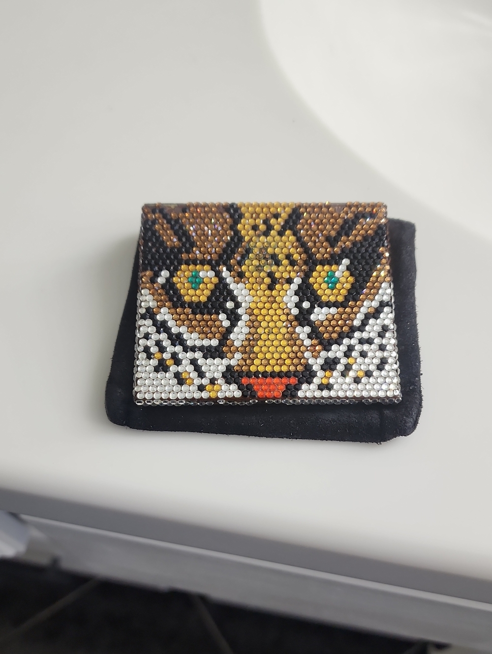 Vintage 1970's Embellished Tiger Face Rhinestone Compact Mirror- Black/Gold
